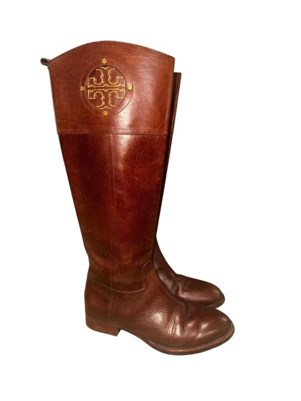Tory Burch Kiernan Brown Leather Riding Gold Logo Boot Womens 5.5M Equestrian